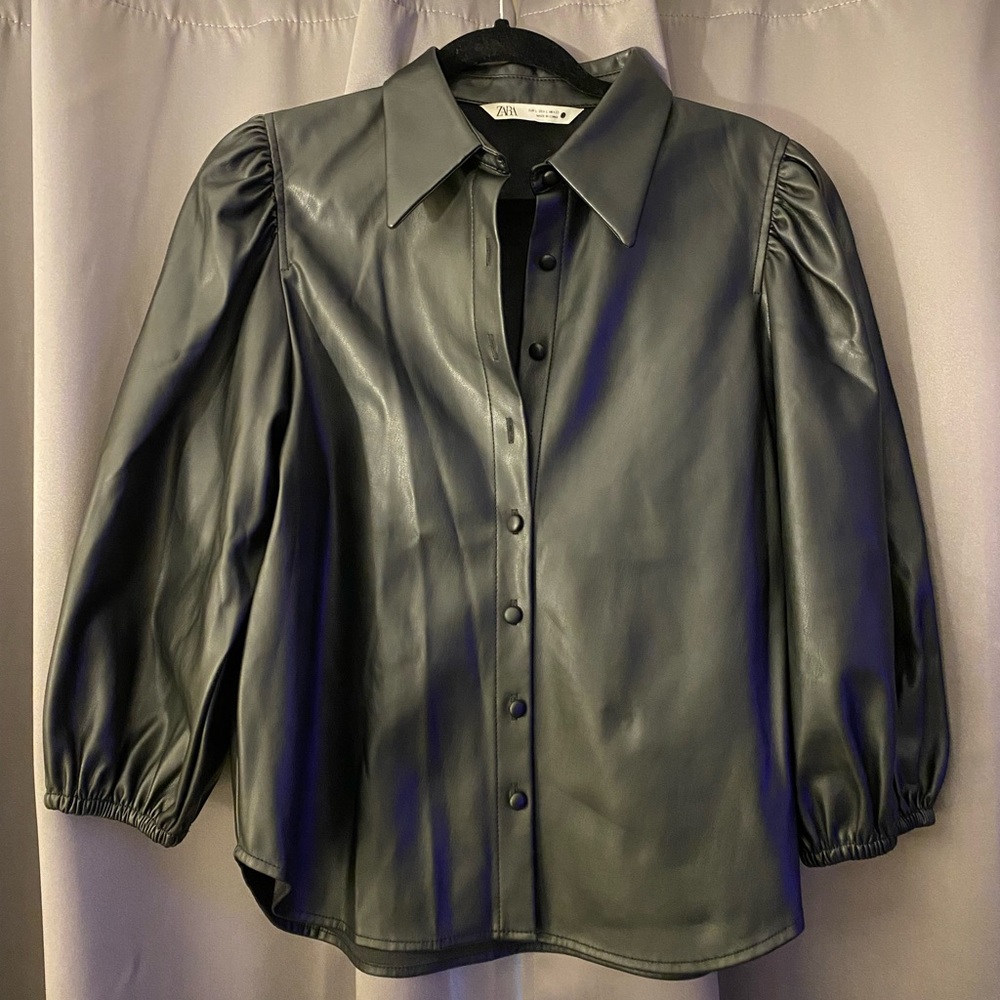 Zara Black Faux Leather Button-Up Puff Sleeve Top
